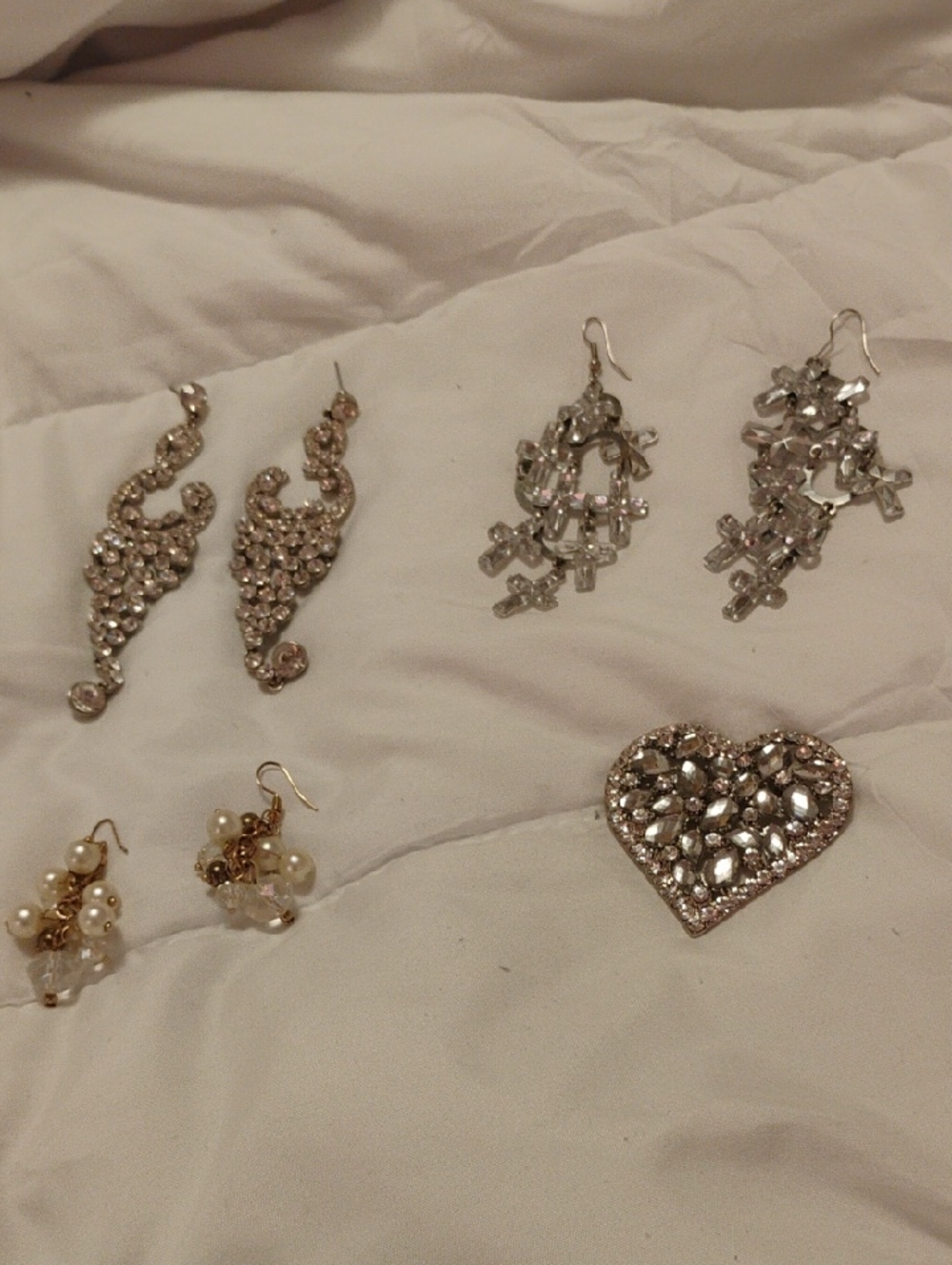 Silver Crystal Heart Brooch & Earring Set - Women's Jewelry